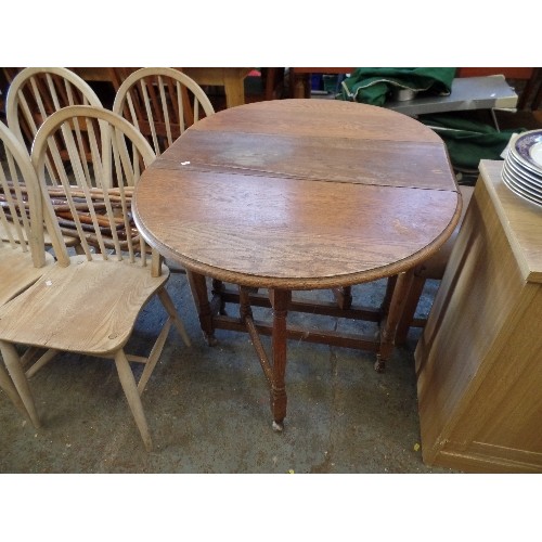 406 - VINTAGE OAK DROP-LEAF TABLE, WITH TURNED LEGS.