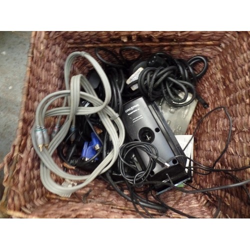 429 - BASKET OF MIXED ELECTRICAL CABLES ETC. INC SMALL COMPUTER SPEAKERS.