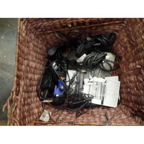 429 - BASKET OF MIXED ELECTRICAL CABLES ETC. INC SMALL COMPUTER SPEAKERS.