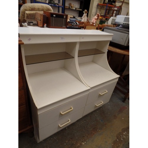 432 - PAIR OF WHITE BEDSIDE CABINETS. 2 DRAWER, WITH TOP SECTION & SMOKED-GLASS SHELF. EACH 45CM W