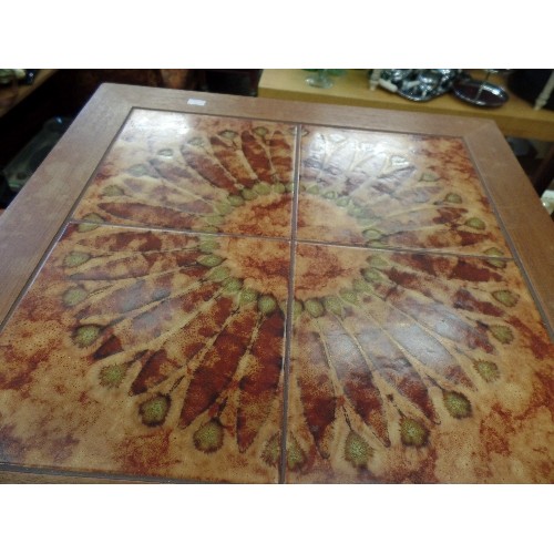 300 - RETRO-DANISH TEAK, TILE-TOP COFFEE TABLE. SQUARE. LOVELY CHOCOLATE, CARAMEL, OLIVE GREEN TILES