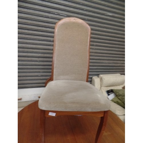 360 - 5 X RETRO TEAK DINING CHAIRS. UPHOLSTERED IN SAGE GREEN DRALON.