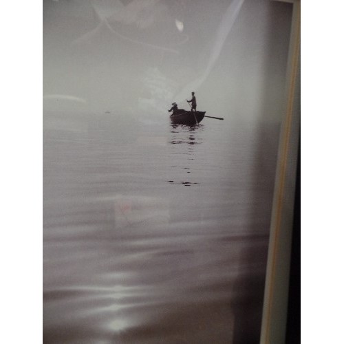 385 - PAIR OF CONTEMPORARY 'MODERN SEPIA' PICTURES. SMALL BOATS ON CALM WATER. WIDE BLACK FRAMES.