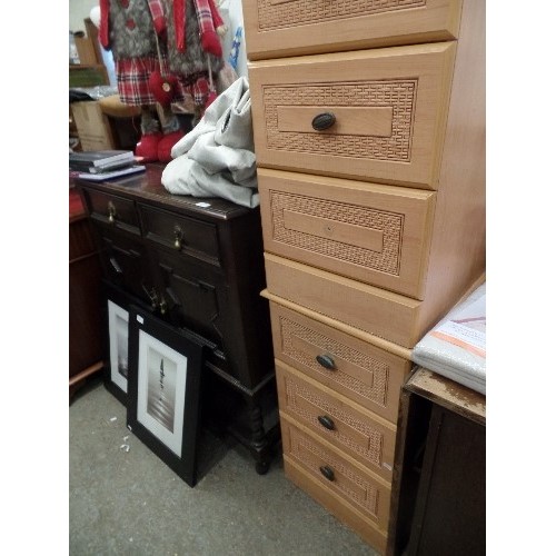 388 - PAIR OF BEDSIDE 3-DRAWER CHESTS, WITH BASKET-WEAVE DETAIL ON DRAWER FRONT AND HANDLES. 1 HANDLE MISS... 