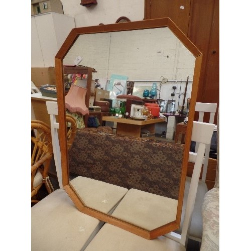 400 - HEAVY VINTAGE WALL MIRROR WITH TEAK 'CUT-CORNER' FRAME.