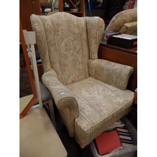 401 - VINTAGE PARKER KNOLL WING-BACK CHAIR. QUEEN ANNE STYLE. WITH CREAM TAPESTRY FABRIC.