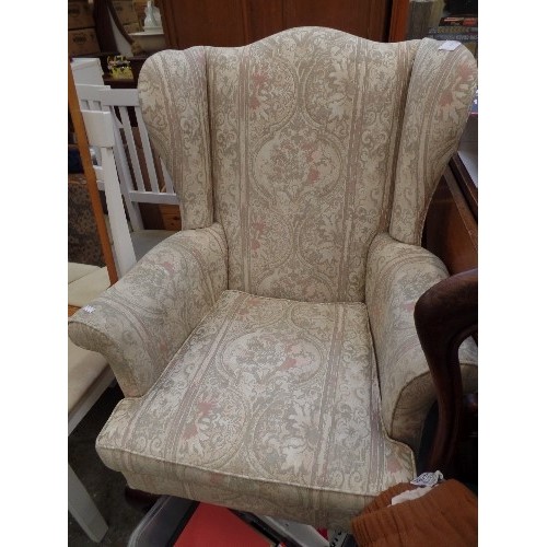 401 - VINTAGE PARKER KNOLL WING-BACK CHAIR. QUEEN ANNE STYLE. WITH CREAM TAPESTRY FABRIC.