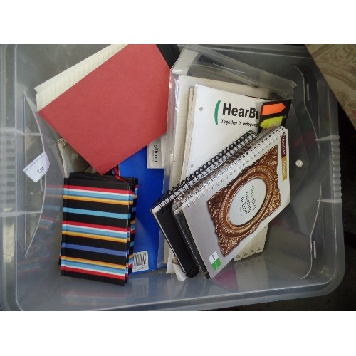 402 - CRATE OF NEW [& SOME PART-USED] STATIONARY ITEMS. NOTEPADS, PAGE-MARKERS ETC ETC.