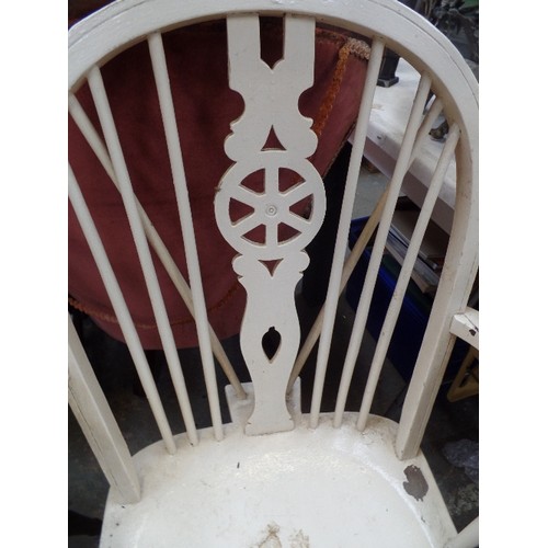 541 - EARLY 20TH CENTURY WINDSOR WHEELBACK ARMCHAIR, PAINTED CREAM, AND A FURTHER WINDSOR CHAIR IN DARK WO... 