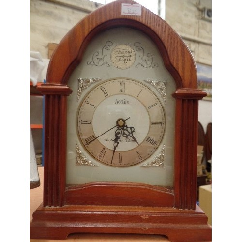 386 - AN ACCTIM CLOCK WITH WESTMINSTER CHIME, ALSO A SMALL LONDON CLOCK CO BRASS/GREEN 'MARBLE' ALARM CLOC... 