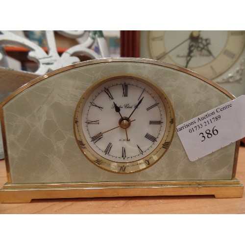 386 - AN ACCTIM CLOCK WITH WESTMINSTER CHIME, ALSO A SMALL LONDON CLOCK CO BRASS/GREEN 'MARBLE' ALARM CLOC... 