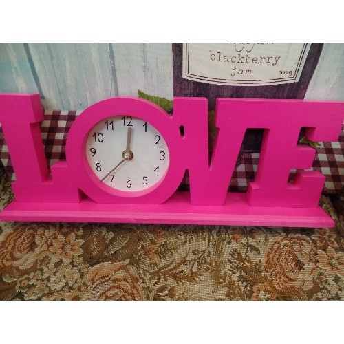 438 - ANTIQUE STYLE PARIS CLOCK WITH LETTER RACK UNDER, PARIS CLOCK AND A CONTEMPORARY LOVE CLOCK IN PINK