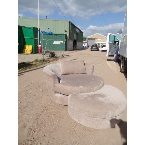 552 - L SHAPE CORNER SETTEE IN GREY FABRIC WITH CUDDLE CHAIR AND FOOTSTOOL