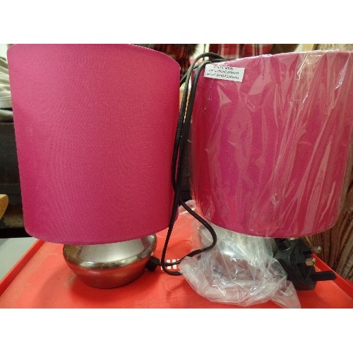 453 - BOXED PAIR OF COLOUR MATCH TOUCH LAMPS WITH PINK SHADES AND 1 WITH BLACK SHADE