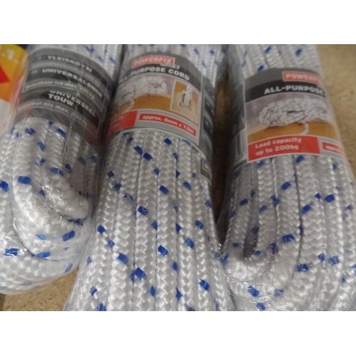 502 - 3 NEW 1MX1M TARPULIN, 1 UNUSED TARPULIN AND 3 NEW ALL PURPOSE CORD 8MM X 7.5M