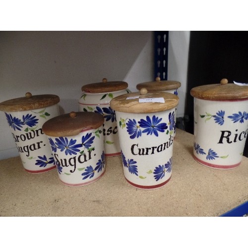 504 - SET OF 5 VINTAGE LITCHEN STORAGE JARS WITH WOODEN LIDS BY TONI RAYMOND POTTERY ( BROWN SUGAR, CURRAN... 