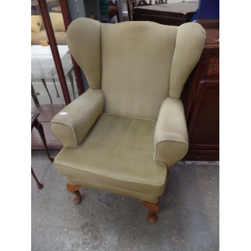 539 - VINTAGE WING BACK ARMCHAIR ON QUEEN ANNE LEGS IN GREEN UPHOLSTERY