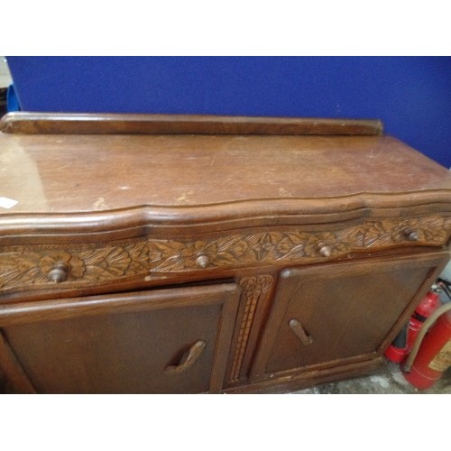 540 - ART DECO OAK 3 DRAWER 2 DOOR SIDEBOARD WITH CARVED FLOWER DETAIL TO DRAWERS