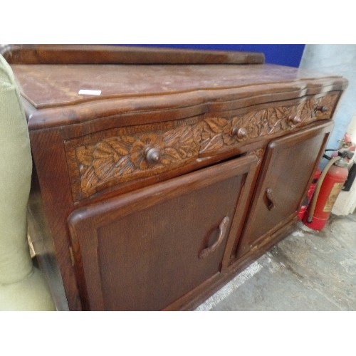 540 - ART DECO OAK 3 DRAWER 2 DOOR SIDEBOARD WITH CARVED FLOWER DETAIL TO DRAWERS