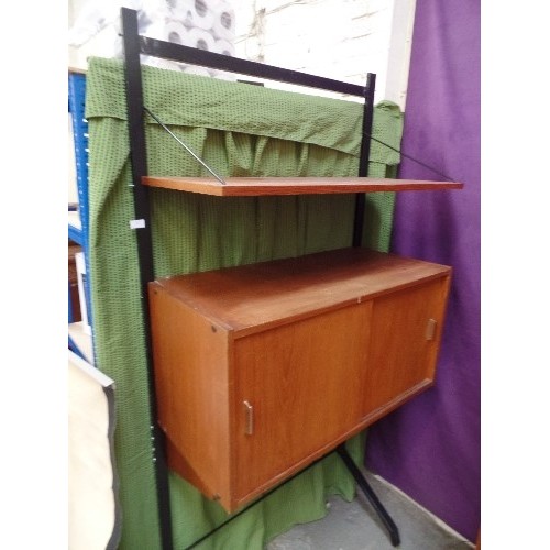 543 - 1960'S RETRO METAL FRAMED WITH TEAK SHELF AND CUPBOARD WITH SLIDING DOOR LADDER RACK