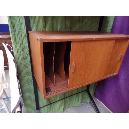 543 - 1960'S RETRO METAL FRAMED WITH TEAK SHELF AND CUPBOARD WITH SLIDING DOOR LADDER RACK