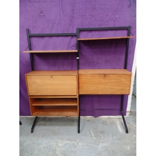 544 - 1960'S RETRO METAL FRAMED DOUBLE LADDER RACK WITH TEAK SHELVES , DROPDOWN CUPBOARDS AND DISPLAY UNIT