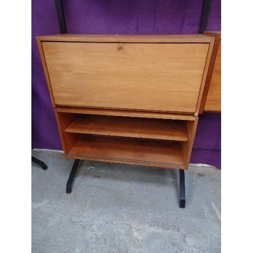 544 - 1960'S RETRO METAL FRAMED DOUBLE LADDER RACK WITH TEAK SHELVES , DROPDOWN CUPBOARDS AND DISPLAY UNIT