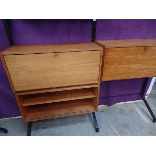 544 - 1960'S RETRO METAL FRAMED DOUBLE LADDER RACK WITH TEAK SHELVES , DROPDOWN CUPBOARDS AND DISPLAY UNIT