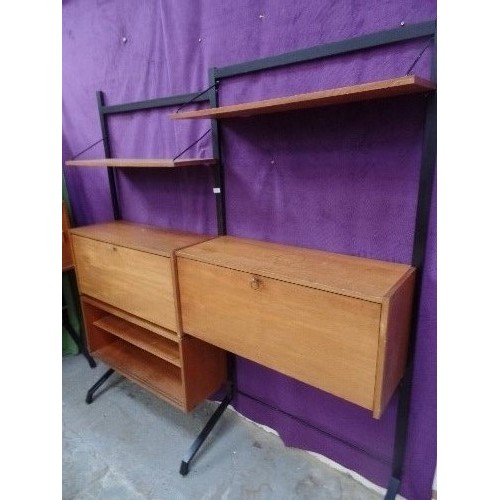 544 - 1960'S RETRO METAL FRAMED DOUBLE LADDER RACK WITH TEAK SHELVES , DROPDOWN CUPBOARDS AND DISPLAY UNIT