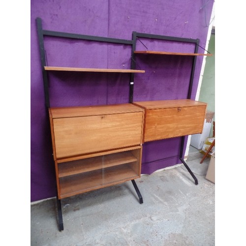 544 - 1960'S RETRO METAL FRAMED DOUBLE LADDER RACK WITH TEAK SHELVES , DROPDOWN CUPBOARDS AND DISPLAY UNIT