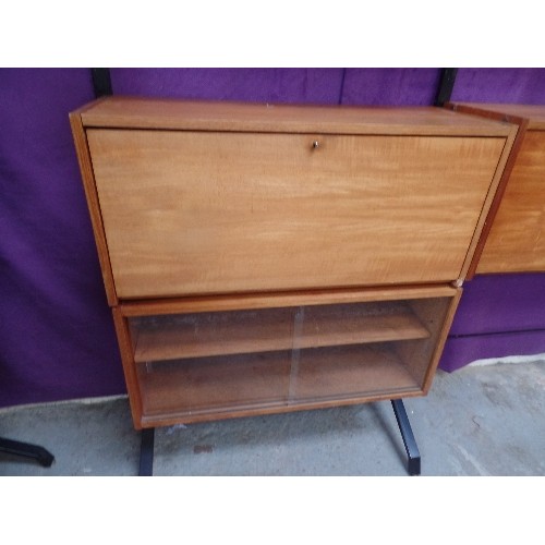 544 - 1960'S RETRO METAL FRAMED DOUBLE LADDER RACK WITH TEAK SHELVES , DROPDOWN CUPBOARDS AND DISPLAY UNIT