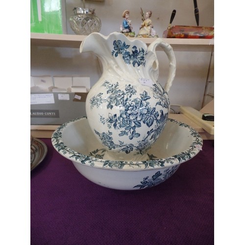 60 - LARGE BLUE AND WHITE BOWL AND JUG SET, FLORAL DESIGN.  JUG OVER 12