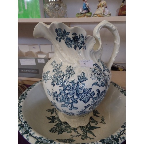 60 - LARGE BLUE AND WHITE BOWL AND JUG SET, FLORAL DESIGN.  JUG OVER 12