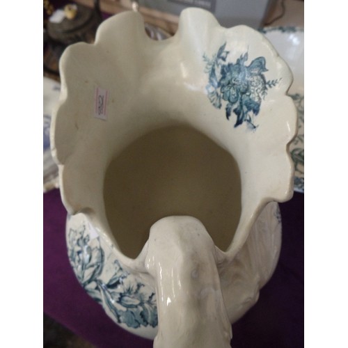 60 - LARGE BLUE AND WHITE BOWL AND JUG SET, FLORAL DESIGN.  JUG OVER 12