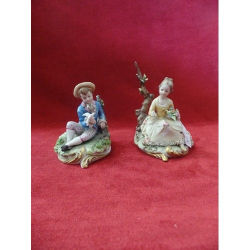 62 - PAIR OF REGENCY STYLE GIRL AND BOY FIGURES, BOY HOLDING A DOVE AND GIRL A BOUQUET.  DAMAGE TO GIRL'S... 