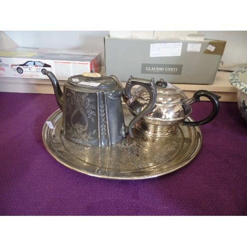 64 - SILVER PLATED TEAPOT AND PEWTER TEAPOT WITH BONE KNOB ON LARGE CIRCULAR TRAY