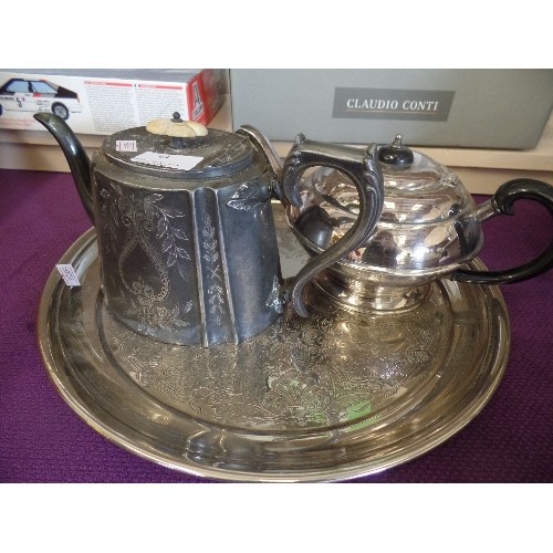 64 - SILVER PLATED TEAPOT AND PEWTER TEAPOT WITH BONE KNOB ON LARGE CIRCULAR TRAY