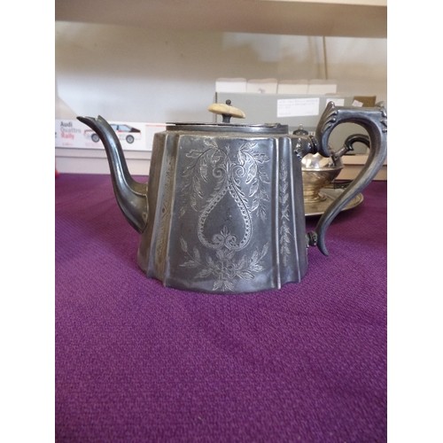 64 - SILVER PLATED TEAPOT AND PEWTER TEAPOT WITH BONE KNOB ON LARGE CIRCULAR TRAY