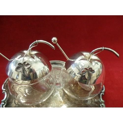 76 - PAIR OF  GLASS APPLE SHAPED JAM POTS WITH SILVER PLATED LIDS, WIH SPOONS AND TRAY.