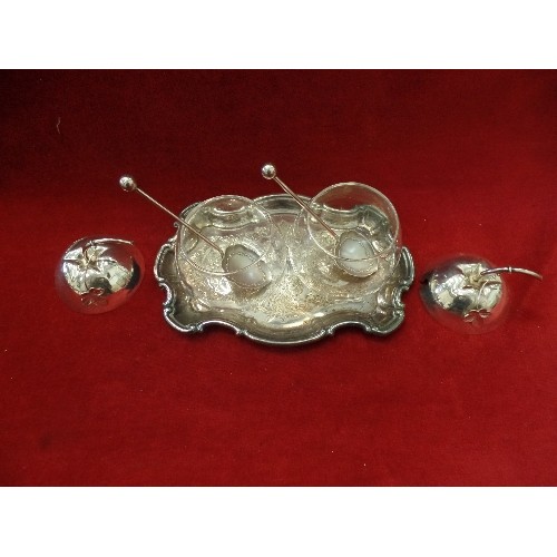 76 - PAIR OF  GLASS APPLE SHAPED JAM POTS WITH SILVER PLATED LIDS, WIH SPOONS AND TRAY.