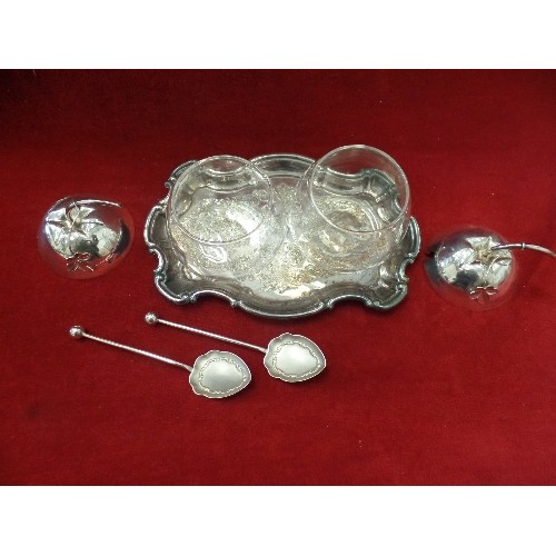 76 - PAIR OF  GLASS APPLE SHAPED JAM POTS WITH SILVER PLATED LIDS, WIH SPOONS AND TRAY.