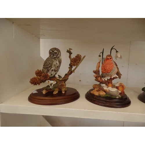 79 - SET OF 4 BIRD HAND CRAFTED AND PAINTED FIGURES BY COUNTRY ARTISTS - PYGMY OWL, ROBIN IN SNOWDROPS, R... 