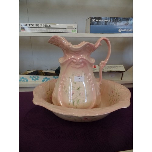 86 - LARGE WASH JUG AND BASIN STAFFORDSHIRE, ORNATE PINK FLORAL DETAIL