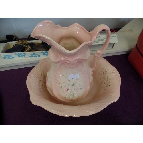 86 - LARGE WASH JUG AND BASIN STAFFORDSHIRE, ORNATE PINK FLORAL DETAIL