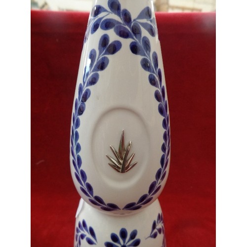 89 - BLUE AND WHITE PORCELAIN DECORATIVE TEQUILA DECANTER WITH SILVER METAL LID WITH A BEAUTIFUL HAND PAI... 