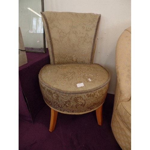 91 - BEDROOM CHAIR IN DULL GOLD LEAF PRINT FABRIC WITH ATTRACTIVE CURVED LEGS