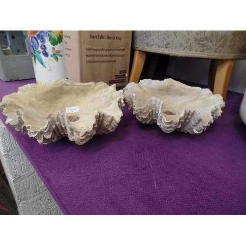 92 - 2 LARGE CONCRETE CLAM SHELLS - BIRD BATH TOPS/ORNAMENTAL