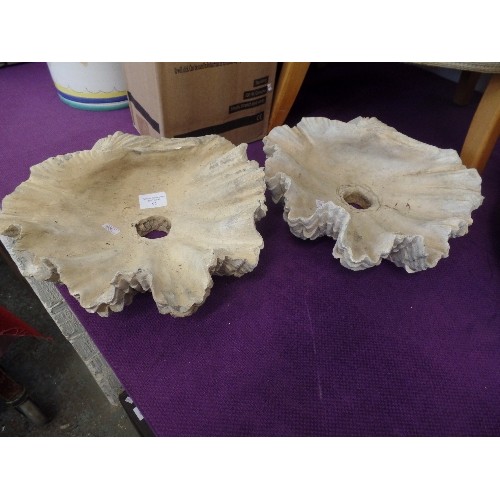 92 - 2 LARGE CONCRETE CLAM SHELLS - BIRD BATH TOPS/ORNAMENTAL