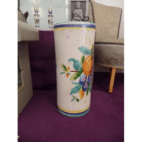 94 - GLAZED CERAMIC UMBRELLA STAND, HANDPAINTED FRUIT DESIGN