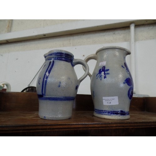 118 - TWO POTTERY MEASURING JUGS - 1 LITRE AND HALF LITRE - IN ATTRACTIVE BLUE GLAZED FIISH